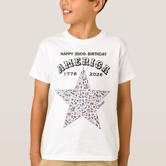 Name || 250th Happy Birthday America Star Youth T Shirt (Framsida)