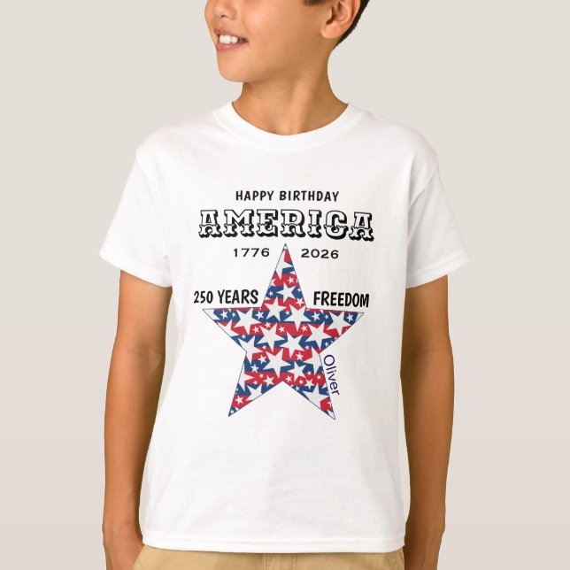 Name || 250th Happy Birthday America Stars Youth T Shirt (Framsida)