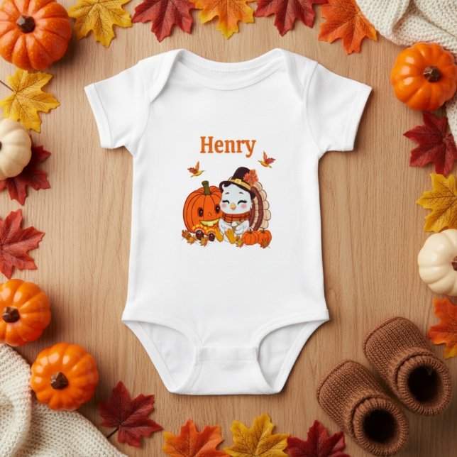 Name Baby Turkey And Pumpkin Thanksgiving  T Shirt (Skapare uppladdad)