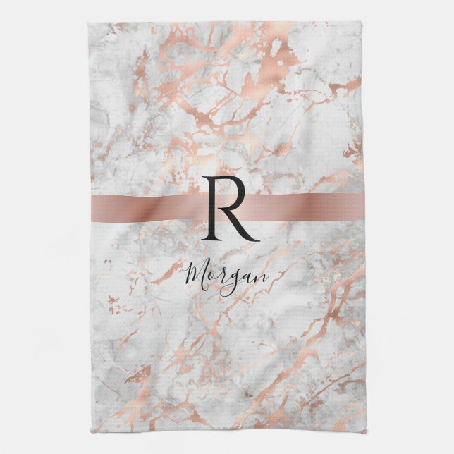 Name/Blk Monogram, White & Rose Gold Marble, Vs 2 Kökshandduk (Vertikal)