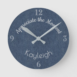 Name, Blue Denim Print, Positive Quote Rund Klocka