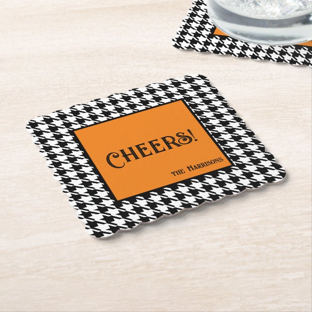 Name & Cheers! Orange Black White Houndstooth  Underlägg Papper (Vinklad)