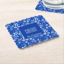 Name, Cobalt Blue Tropical Flowers & Leaves Underlägg Papper