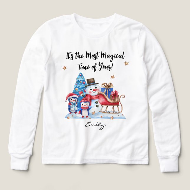 Name || Cute Snowman, Penguins Youth Long Sleeve T Shirt (Design framsida)