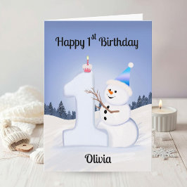 Name Happy 1st Birthday Snowman Building One Kort