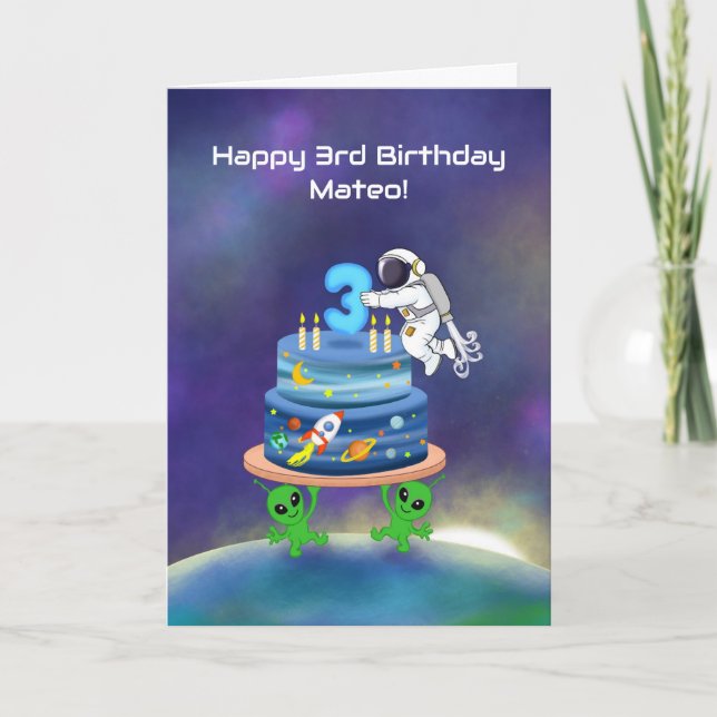 Name Happy 3rd Birthday Astronaut with Aliens Kort (Framsida)