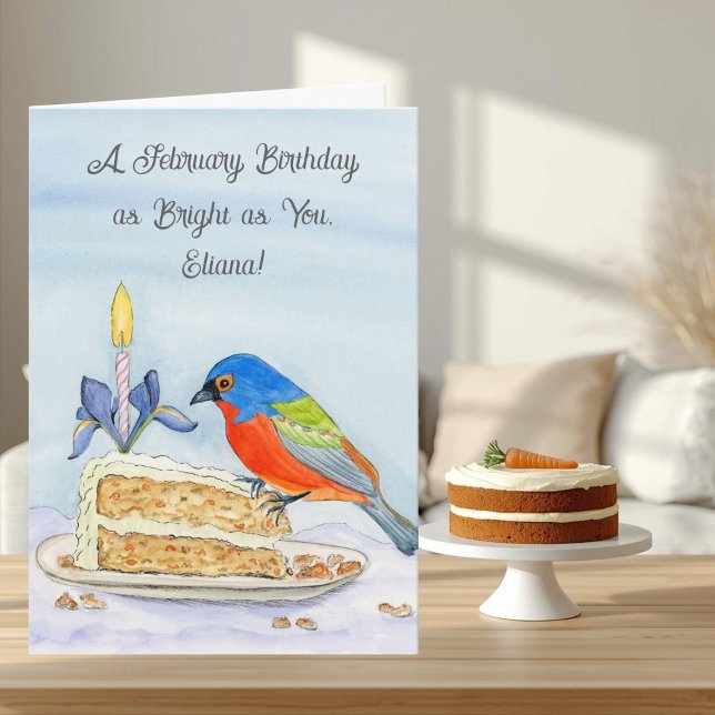 Name Happy February Birthday Painted Bunting Kort (Skapare uppladdad)