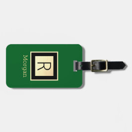 Name & Monogram, Black & Gold Box, Forest Green Bagagebricka