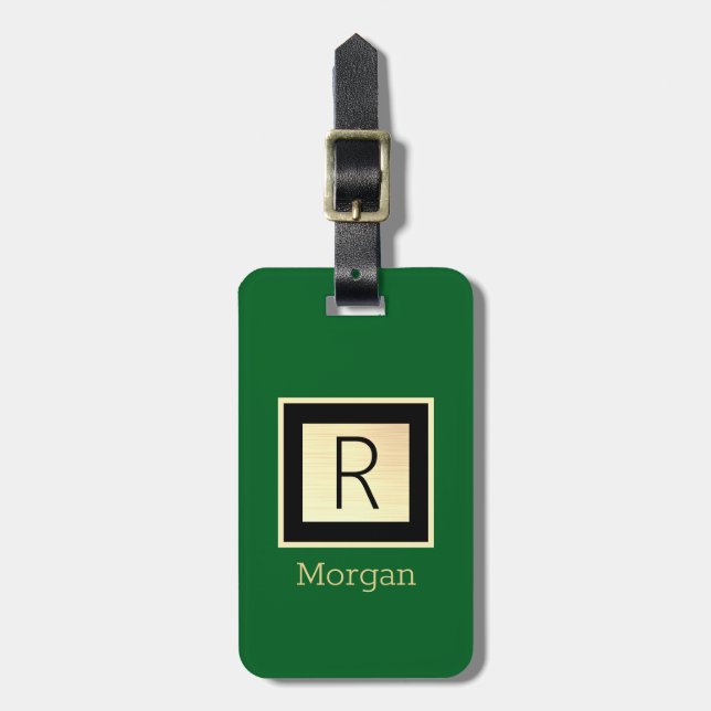 Name & Monogram, Black & Gold Box, Forest Green Bagagebricka (Vertikal Framsida)