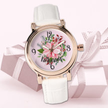 Name, Pink Poinsettia Bouquet White Leather Womans