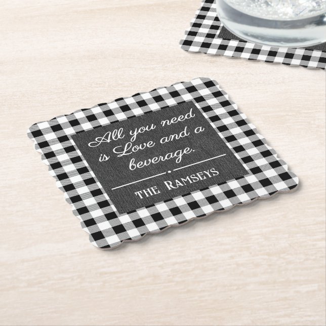 Name Quote. Black & White Check, Black Denim Print Underlägg Papper (Vinklad)