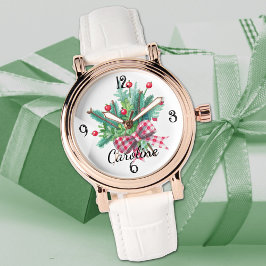 Name, Red & Green Bouquet White Leather Womans Armbandsur