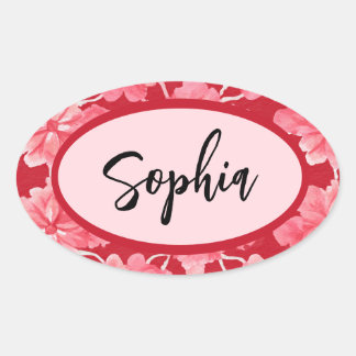 Name Sticker Personalized Pink Floral Ovalt Klistermärke