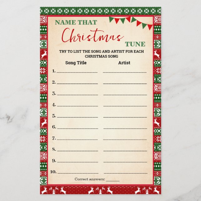 Name that Christmas Tune Game Ugly Sweater Card Flygblad (Framsidan)
