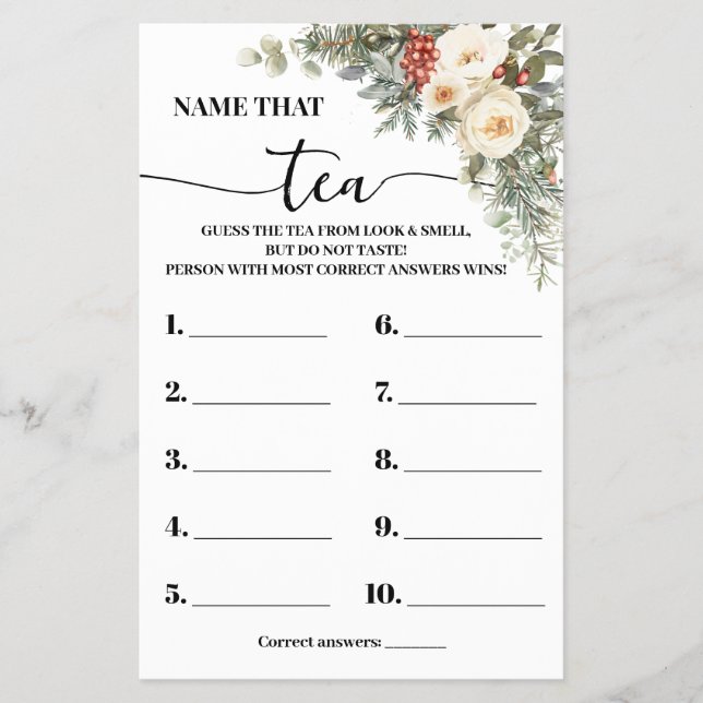 Name that Tea Winter Bridal Shower Game Card Flygblad (Framsidan)