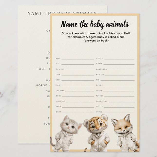 Name the Baby Animals Whimsical Pajama Animals Brevpapper (Fram/baksida)