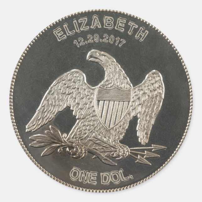 Named Silver 1865 dollar Runt Klistermärke (Framsida)