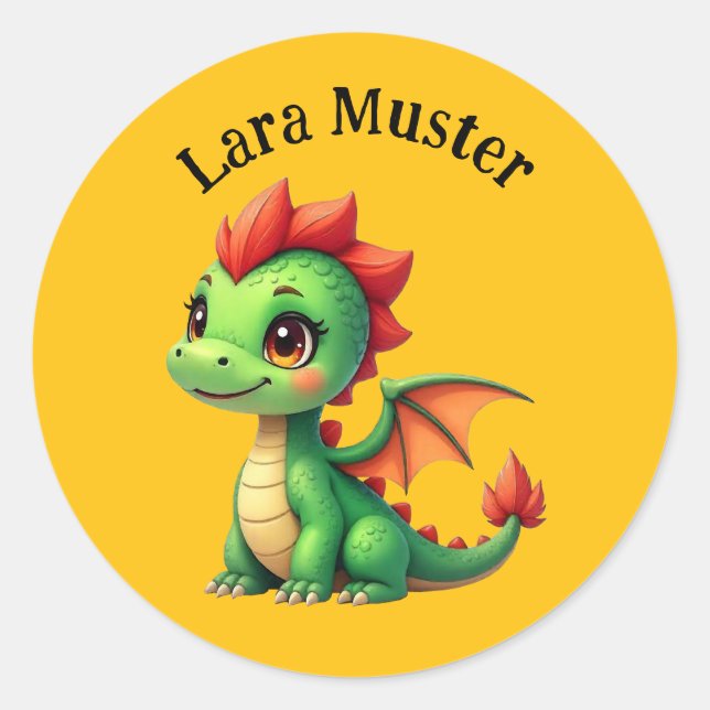 Namensaufkleber - Babydrache grün gelb Runt Klistermärke (Framsida)