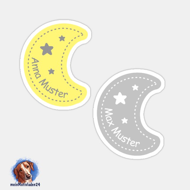 Namensaufkleber Kleiner Mond | 24 Form - Aufkleber Klistermärken (Konturgeschnittene Namensaufkleber für Kinder - Kleiner Mond in gelb und grau, personalisierbar )