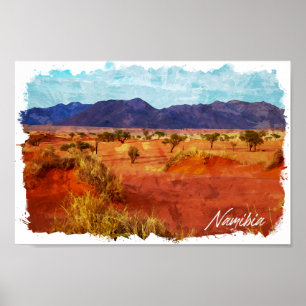 Namibia Landskaps Panorama Vattenfärg Målning Poster