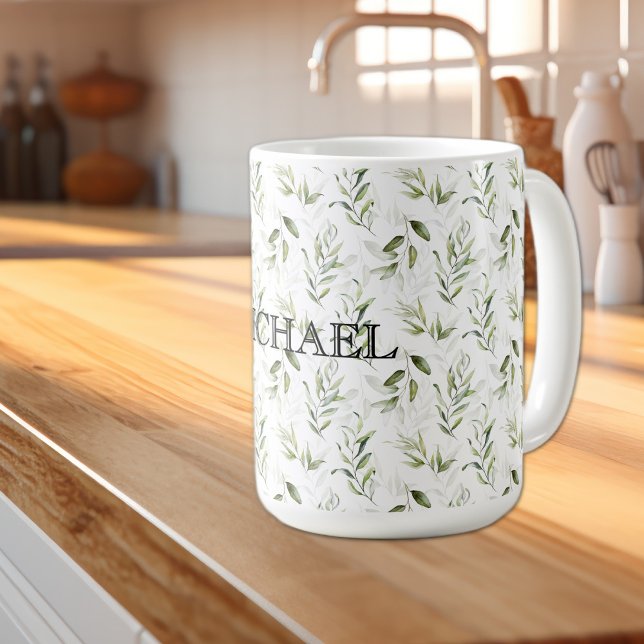 Namn || 15oz Masculine Watercolor Greenery Classic Kaffemugg (Skapare uppladdad)