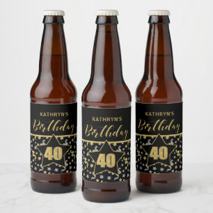 Namn 40:e födelsedagskonfetttemat i Guld på svart Ölflaska Etikett
