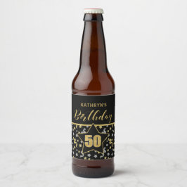 Namn 50:e födelsedagskonfetttemat i Guld på svart Ölflaska Etikett