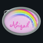Namn 7 brev-regnbåge rosa ovala bälte-låsbeslag<br><div class="desc">Det namngivna regnbågsbältet i bälte,  som för närvarande är läsbart,  Abigail eller personifierat med det längre namn du väljer (endast upp till 7 brev). Design inspirerad av de många vackra regnbågarna här i Victoria,  Australien. Objekt designat uteslutande av Sarah Trett.</div>