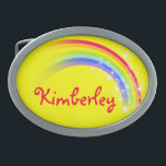 Namn 9 brev-regnbåge gult ovala bälte-låsbeslag<br><div class="desc">Namngiven regnbåge bälte-låsbeslag,  läser för närvarande Kimberley eller personifierar med det längre namn du vill (endast upp till 9 brev). Design inspirerad av de många vackra regnbågarna här i Victoria,  Australien. Objekt designat uteslutande av Sarah Trett.</div>