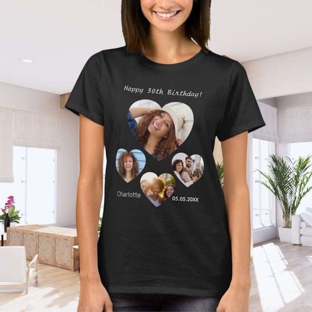 Namn, ålder på foto på foto på hjärta, svart kvinn t shirt (Skapare uppladdad)