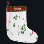 Namn Alpine Skiers Skiing Ski Winter Träd Liten Julstrumpa<br><div class="desc">Coolans vinterdesign med mönster-skidor där skidbackarna i alpina skidorter ligger mellan snö täckta fir träd i alpernor. Freeride-skidåkarna har färglös vintage retro ski kostym och skidar nedför med skidor på en vit snöskum i bergslandskapet. En underbar vintersportgåva till en skidåkare i din vänkrets, medarbetare eller familj... roligt.. Bildschemat för visuella...</div>