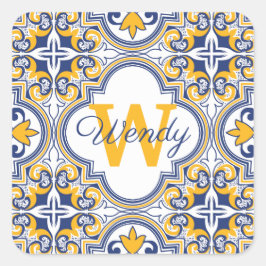 💙 💛 Namn + Azulejos Fyrkantigt Klistermärke