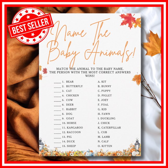 NAMN: BABY DJUR babyskåparen Game Cute Bear Inbjudningar (NAME THE BABY ANIMALS Easy Baby Shower Game A Little Pumpkin is on the Way Fall Autumn Theme)