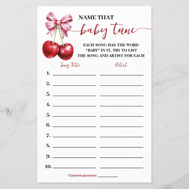 Namn Baby Tune Cherry Baby Shower Game Card Flygblad (Framsidan)