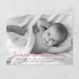 Namn Babyflicka Rosa Skript Foto Meddelande Vykort
