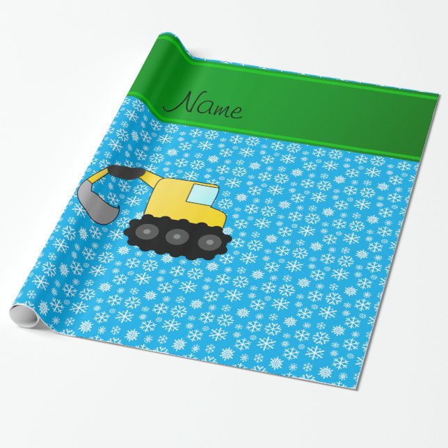 Namn backhoe himlar-blå julmassa snöflingor presentpapper (Utrullad)