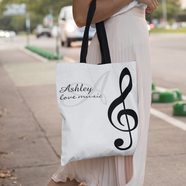 Namn & Black Treble Clef Music Tote Bag Tygkasse (love music)