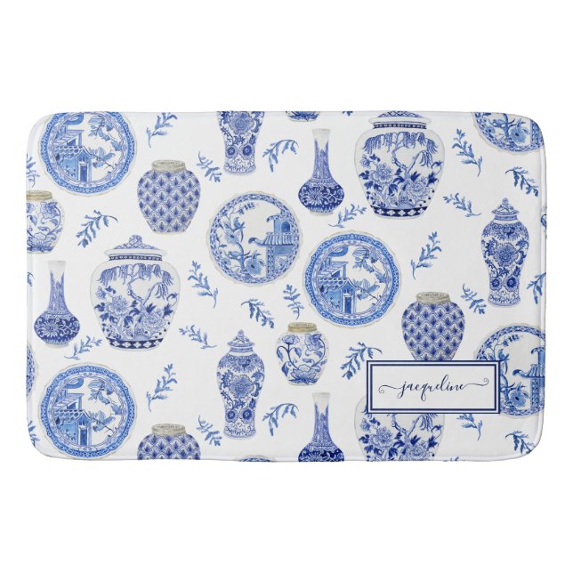 Namn Blommigt Blue n White Ginger Burk Flower Vint Badrumsmatta (Framsidan)