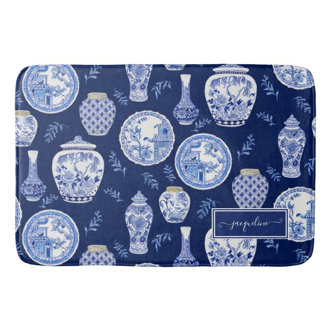 Namn Blommigt Navy n White Ginger Burk Flower Vint Badrumsmatta (Framsidan)