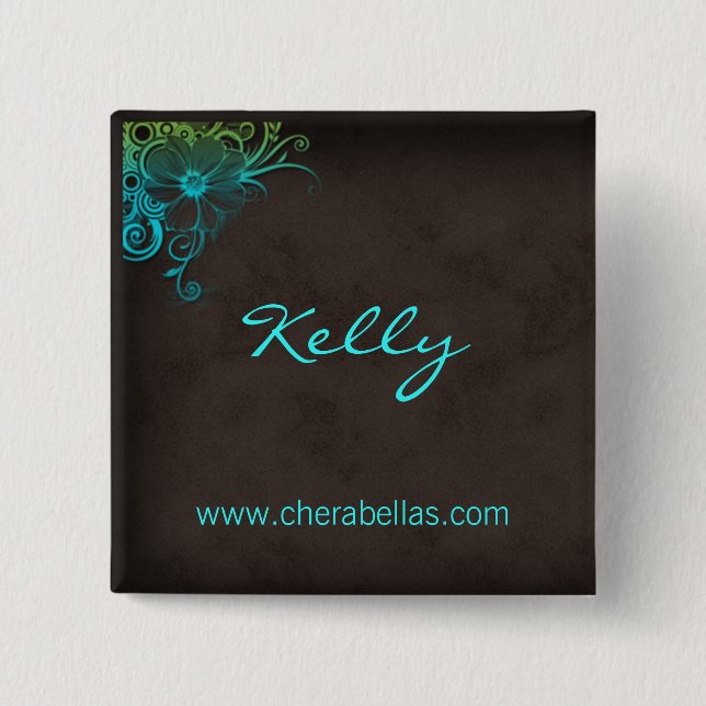 Namn bricka Button Salon Spa Blommigt Blue Grönt Knapp (Framsida)