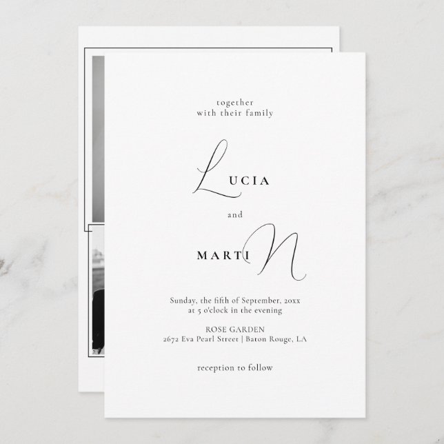 Namn Calligraphy 3 Photo Black & White Bröllop Inbjudningar (Fram/baksida)