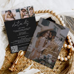 Namn calligraphy black 4 foto all in one bröllop inbjudningar<br><div class="desc">En modern, chic och elegant bröllop-inbjudan med namn med skript med en handskriven kalligrafi i svartvitt med ett svart överlägg längst fram för att lägga till ditt foto och ytterligare tre foton längst bak. Modern allt i en bröllopsinbjudan med osa, detaljer, logi och qr-kod. Hela texten, namn och färg i...</div>