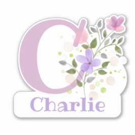 Namn Charlie plus Initial med blomsterdesign Klistermärken