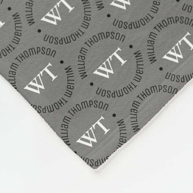 Namn (cirkelmonogram) stämplat över hela Gråttet Fleecefilt (Hörn)