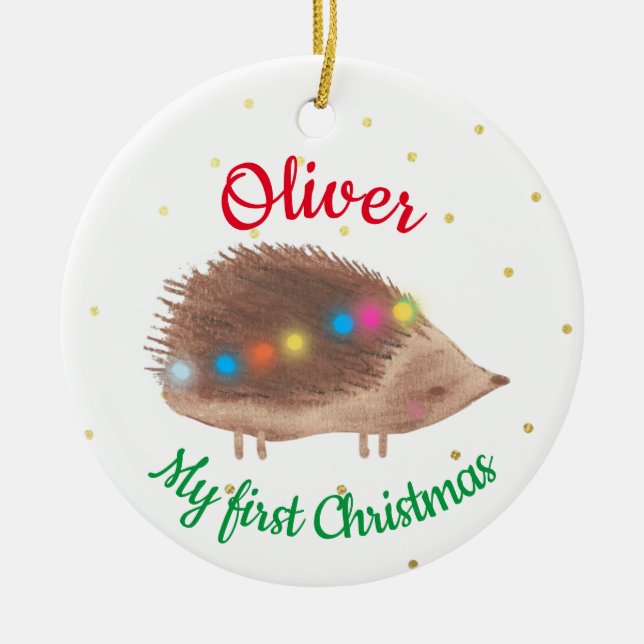 Namn Cute Hedgehog Baby Första jul Julgransprydnad Keramik (Framsidan)
