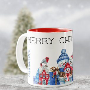 Namn, Cute Snögubbe Family God jul 11oz Två-Tonad Mugg