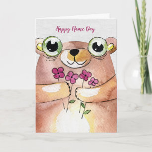 Namn Dag-vattenfärgbjörn med bouquet Kort
