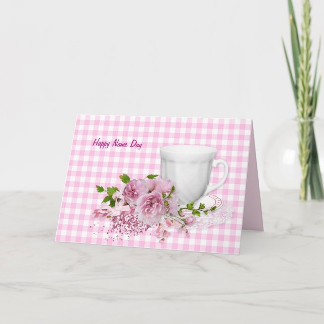 Namn Dagen kopp och såser med peonier Kort (Framsida)