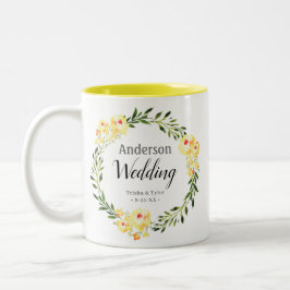 Namn & Date Gult Watercolor Flowers Bröllop Två-Tonad Mugg