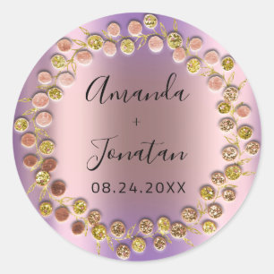Namn Datum Rosa Guld Krans Bröllop Lila Runt Klistermärke
